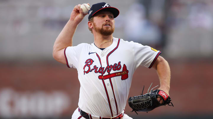 Apr 4, 2025; Atlanta, Georgia, USA; Atlanta Braves starting pitcher Spencer Schwellenbach (56) throws against the Miami Marlins in the first inning at Truist Park. Mandatory Credit: Brett Davis-Imagn Images