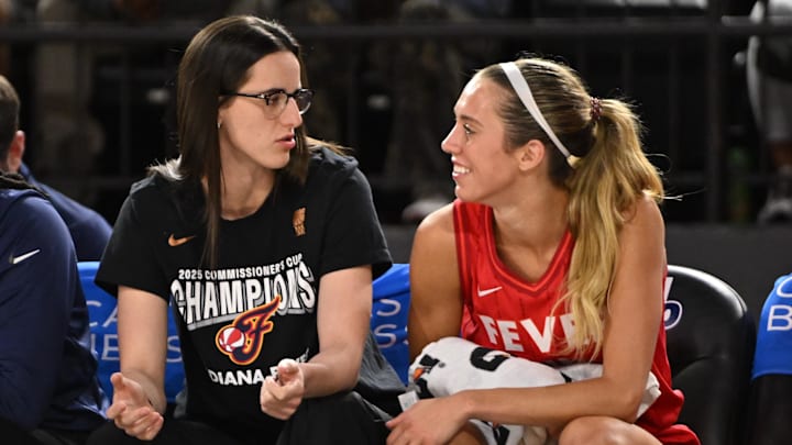 Sep 7, 2025; Baltimore, MD, USA; Indiana Fever guard Caitlin Clark (22) talks with guard Lexie Hull (10) on the bench during the third quarter of a game against the Washington Mystics at CFG Bank Arena. Sep 7, 2025; Baltimore, MD, USA; Indiana Fever guard Caitlin Clark (22) talks with guard Lexie Hull (10) on the bench during the third quarter of a game against the Washington Mystics at CFG Bank Arena.