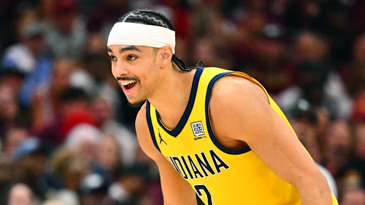 Indiana Pacers guard Andrew Nembhard (2) during a playoff game against the Cleveland Cavaliers.