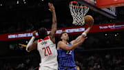 Nov 1, 2025; Washington, District of Columbia, USA; Orlando Magic forward Franz Wagner (22) shoots the ball as Washington Wizards center Alex Sarr (20) defends in the first half at Capital One Arena. Mandatory Credit: Geoff Burke-Imagn Images