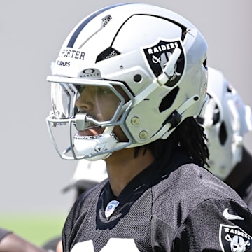 Jun 11, 2025; Henderson, NV, USA; Las Vegas Raiders cornerback Darien Porter (26) prepares for a drill during Las Vegas Raiders Minicamp at Intermountain Health Performance Center. Mandatory Credit: Candice Ward-Imagn Images