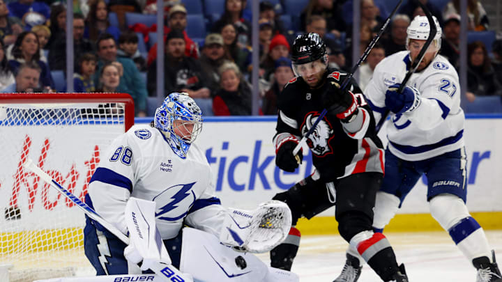 Apr 6, 2026; Buffalo, New York, USA; Buffalo Sabres left wing Jason Zucker (17) watches as Tampa Bay Lightning goaltender Andrei Vasilevskiy (88) makes a save during the second period at KeyBank Center. Mandatory Credit: Timothy T. Ludwig-Imagn Images Apr 6, 2026; Buffalo, New York, USA; Buffalo Sabres left wing Jason Zucker (17) watches as Tampa Bay Lightning goaltender Andrei Vasilevskiy (88) makes a save during the second period at KeyBank Center. Mandatory Credit: Timothy T. Ludwig-Imagn Images