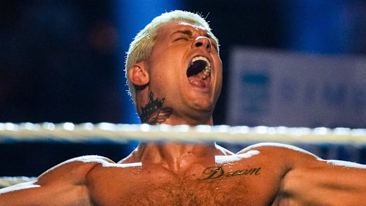 Cody Rhodes cheers Saturday, Feb. 1, 2025, during the WWE Royal Rumble at Lucas Oil Stadium in Indianapolis.