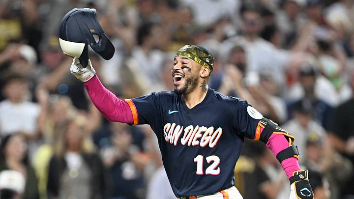 Sep 4, 2026; San Diego, California, USA;  San Diego Padres catcher Luis Campusano (12) celebrates after hitting a walk-off home run during the tenth inning against the New York Yankees at Petco Park.  Mandatory Credit: Denis Poroy-Imagn Images