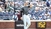 May 25, 2024; New York City, New York, USA;  New York Mets third baseman Brett Baty (22) goes back on the field after striking out to the end the fourth inning against the San Francisco Giants at Citi Field. Mandatory Credit: Wendell Cruz-Imagn Images