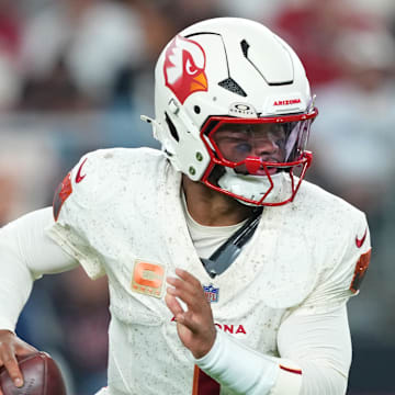 Sep 25, 2025; Glendale, Arizona, USA; Arizona Cardinals quarterback Kyler Murray (1) looks to pass against the Seattle Seahawks in the second quarter at State Farm Stadium. Mandatory Credit: Joe Camporeale-Imagn Images