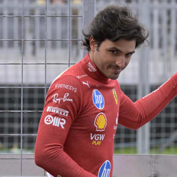 Jun 7, 2024; Montreal, Quebec, CAN; Ferrari driver driver Carlos Sainz (ESP) in the pit lane during the practice session at Circuit Gilles Villeneuve. Mandatory Credit: Eric Bolte-USA TODAY Sports