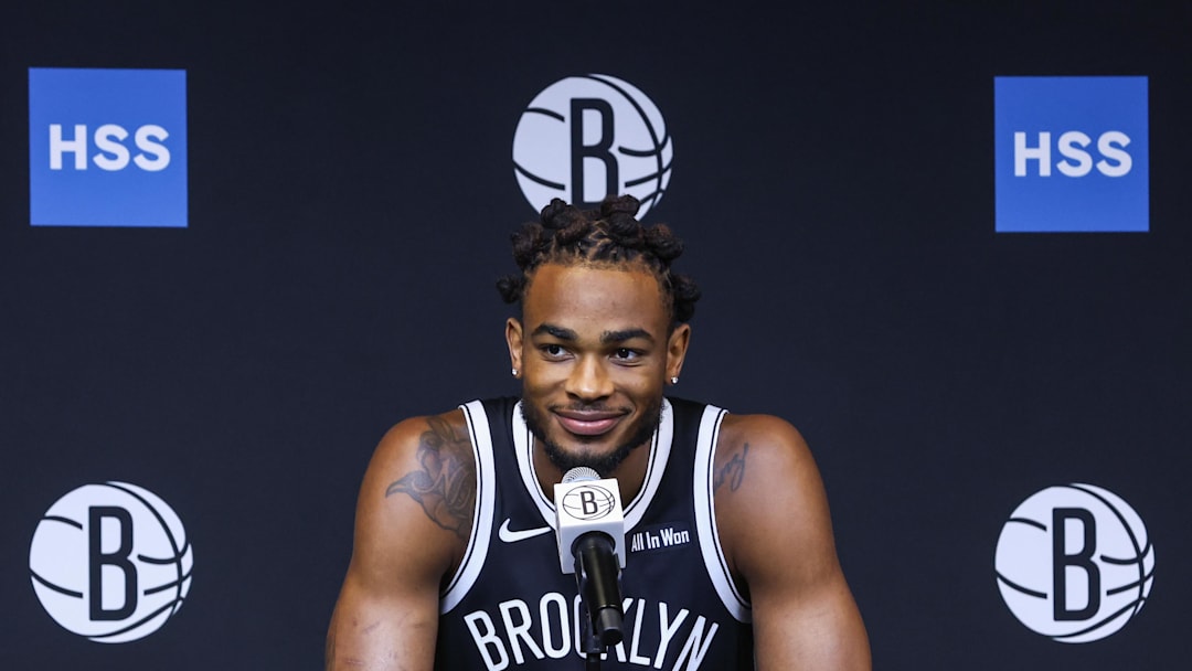 Sep 23, 2025; Brooklyn, NY, USA;  Brooklyn Nets center Nic Claxton (33) speaks at Media Day. Mandatory Credit: Wendell Cruz-Imagn Images