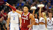 Mar 29, 2025; Newark, NJ, USA; Alabama Crimson Tide guard Mark Sears (1) celebrates after a play during the second half against the Duke Blue Devils in the East Regional final of the 2025 NCAA tournament at Prudential Center. Mandatory Credit: Robert Deutsch-Imagn Images