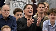 Feb 8, 2025; Dallas, Texas, USA; Mark Cuban watches the game between the Dallas Mavericks and the Houston Rockets at the American Airlines Center. 