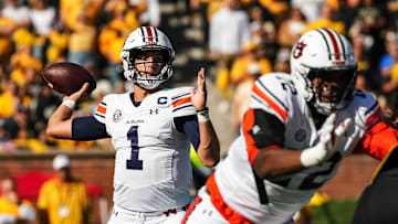 Oct 19, 2024; Columbia, Missouri, USA; Auburn Tigers quarterback Payton Thorne (1) throws a pass during the first half against the Missouri Tigers at Faurot Field at Memorial Stadium. Mandatory Credit: Jay Biggerstaff-Imagn Images