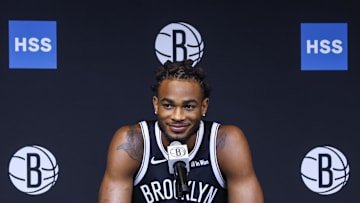 Sep 23, 2025; Brooklyn, NY, USA;  Brooklyn Nets center Nic Claxton (33) speaks at Media Day. Mandatory Credit: Wendell Cruz-Imagn Images