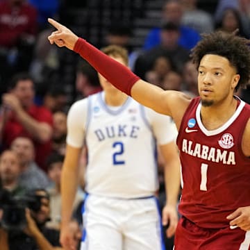 Mar 29, 2025; Newark, NJ, USA; Alabama Crimson Tide guard Mark Sears (1) celebrates after a play during the second half against the Duke Blue Devils in the East Regional final of the 2025 NCAA tournament at Prudential Center. Mandatory Credit: Robert Deutsch-Imagn Images