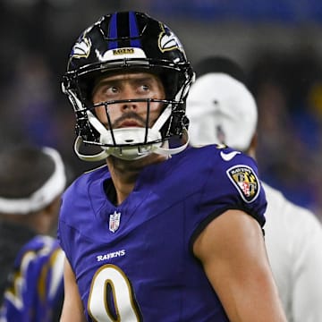 Aug 9, 2024; Baltimore, Maryland, USA; Baltimore Ravens kicker Justin Tucker  walks the sidelines during the second half  of a preseason game against the Philadelphia Eagles at M&T Bank Stadium. Mandatory Credit: Tommy Gilligan-Imagn Images