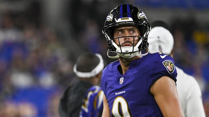 Aug 9, 2024; Baltimore, Maryland, USA; Baltimore Ravens kicker Justin Tucker  walks the sidelines during the second half  of a preseason game against the Philadelphia Eagles at M&T Bank Stadium. Mandatory Credit: Tommy Gilligan-Imagn Images