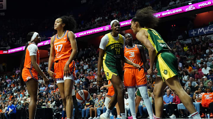 Jul 28, 2025; Uncasville, Connecticut, USA; Seattle Storm guard Skylar Diggins (4) reacts after her basket and one against the Connecticut Sun in the first half at Mohegan Sun Arena.