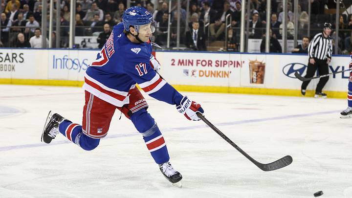 Feb 26, 2026; New York, New York, USA; New York Rangers defenseman Will Borgen (17) attempts a shot on goal in the first period against the Philadelphia Flyers at Madison Square Garden. Feb 26, 2026; New York, New York, USA; New York Rangers defenseman Will Borgen (17) attempts a shot on goal in the first period against the Philadelphia Flyers at Madison Square Garden.