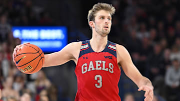 Feb 3, 2024; Spokane, Washington, USA; St. Mary's Gaels guard Augustas Marciulionis (3) controls the