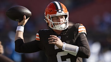 Nov 3, 2024; Cleveland, Ohio, USA; Cleveland Browns quarterback Bailey Zappe (2) throws the ball during warm ups before the game against the Los Angeles Chargers at Huntington Bank Field. Mandatory Credit: Scott Galvin-Imagn Images