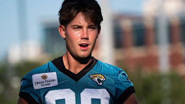 Jacksonville Jaguars place kicker Cam Little (39) walks off the field after warming up during an NFL training camp second session at the Miller Electric Center, Thursday, July 24, 2025, in Jacksonville, Fla. [Doug Engle/Florida Times-Union]