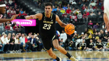 Colorado Buffaloes forward Tristan da Silva (23) dribbles against the Washington State Cougars during the first half at T-Mobile Arena.