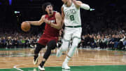 Apr 21, 2024; Boston, Massachusetts, USA; Miami Heat guard Jaime Jaquez Jr. (11) controls the ball.