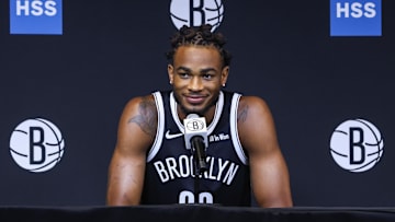 Sep 23, 2025; Brooklyn, NY, USA;  Brooklyn Nets center Nic Claxton (33) speaks at Media Day. Mandatory Credit: Wendell Cruz-Imagn Images
