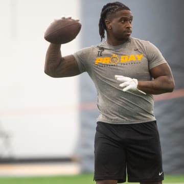 Tennessee tight end Princeton Fant during Tennessee Football Pro Day at the Anderson Training Facility in Knoxville, Tenn.