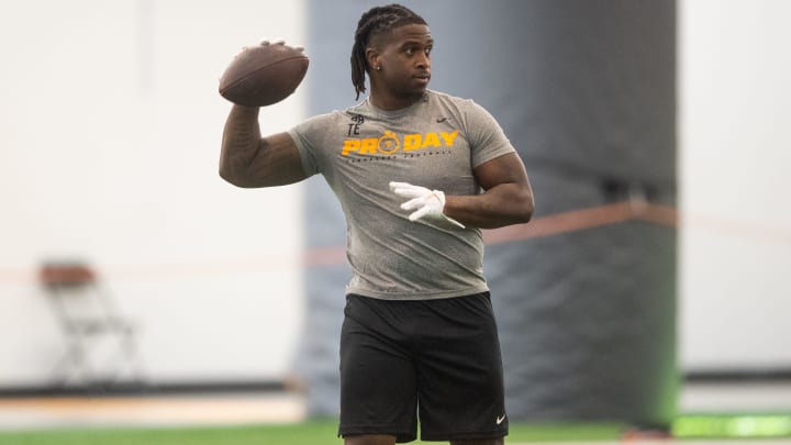 Tennessee tight end Princeton Fant during Tennessee Football Pro Day at the Anderson Training Facility in Knoxville, Tenn.