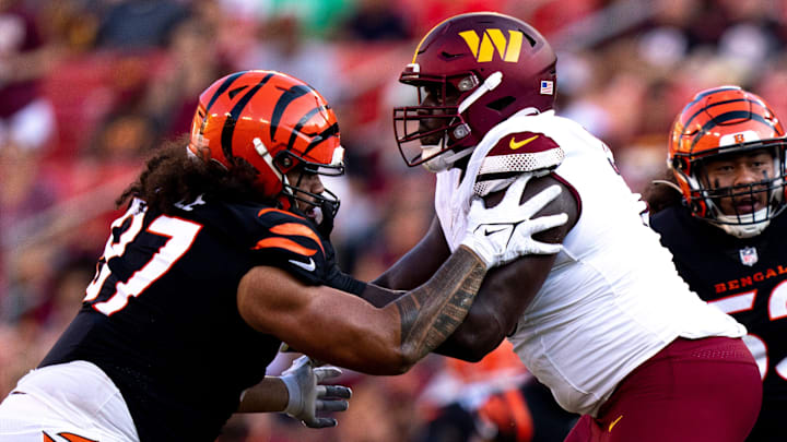 Cincinnati Bengals defensive tackle Jay Tufele (97) blocks Washington Commanders guard Braeden Daniels (79) during the NFL preseason week 3 game between the Cincinnati Bengals and the Washington Commanders at FedEx Field in Landover, M.D., on Saturday, Aug. 26, 2023.