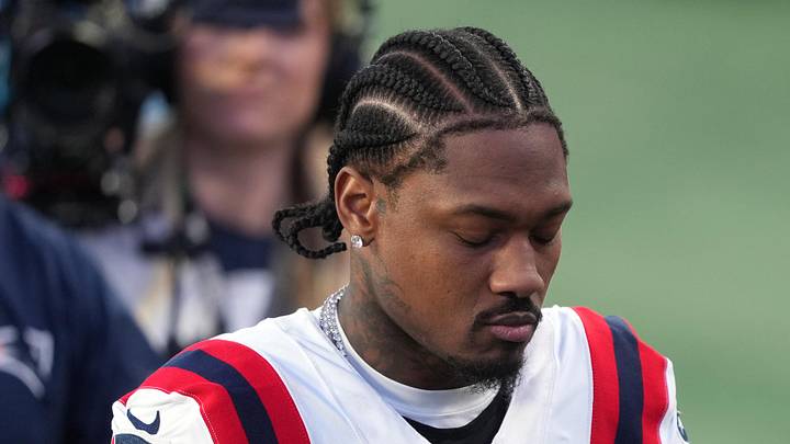 Feb 8, 2026; Santa Clara, CA, USA; New England Patriots wide receiver Stefon Diggs (8) during halftime against the Seattle Seahawks in Super Bowl LX at Levi's Stadium. Mandatory Credit: Darren Yamashita-Imagn Images