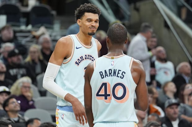 San Antonio Spurs center Victor Wembanyama and forward Harrison Barnes in the second half against the New Orleans Pelicans.
