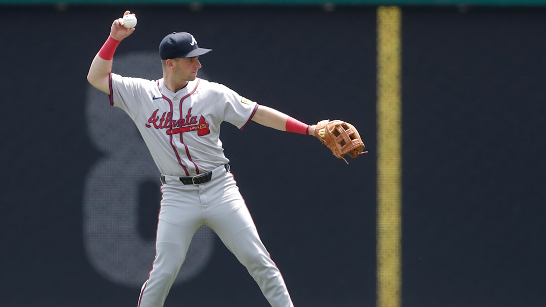 May 26, 2024; Pittsburgh, Pennsylvania, USA;  Atlanta Braves third baseman Zach Short (59) warms up before the game against  the Pittsburgh Pirates at PNC Park. Mandatory Credit: Charles LeClaire-Imagn Images