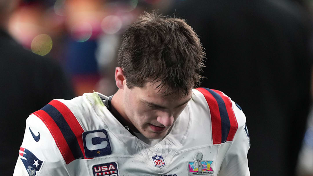 Feb 8, 2026; Santa Clara, CA, USA; New England Patriots quarterback Drake Maye (10) walks off of the field after the game against the Seattle Seahawks in Super Bowl LX at Levi's Stadium. Mandatory Credit: Darren Yamashita-Imagn Images