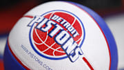 Apr 12, 2015; Auburn Hills, MI, USA; A general shot of a basketball with a Detroit Pistons logo on it during the third quarter against the Charlotte Hornets at The Palace of Auburn Hills. Pistons beat the Hornets 116-77. Mandatory Credit: Raj Mehta-Imagn Images