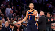 Apr 21, 2025; New York, New York, USA; New York Knicks guard Jalen Brunson (11) reacts during the second quarter of game two of the first round of the 2024 NBA Playoffs against the Detroit Pistons at Madison Square Garden. Mandatory Credit: Brad Penner-Imagn Images