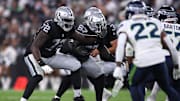 Aug 14, 2021; Paradise, Nevada, USA; Las Vegas Raiders guard Jaryd Jones-Smith (72) blocks during the second half against the Seattle Seahawks at Allegiant Stadium. Mandatory Credit: Orlando Ramirez-Imagn Images
