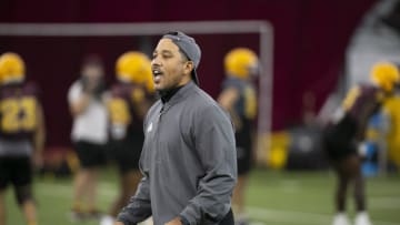 ASU interim wide receiver coach Bobby Wade coaches during an ASU football practice at the Kajikawa Practice Facility in Tempe on August 16, 2021.

Asu Football Practice