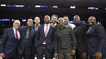 Jan 16, 2016; Auburn Hills, MI, USA; (Left to Right) Larry Brown and William Wesley and Tayshaun Prince and Richard Hamilton and Mehmet Okur and Chauncy Billups and Rasheed Wallace and Ben Wallace and Lindsey Hunter pose for a photo after the game against the Golden State Warriors at The Palace of Auburn Hills. The Pistons won 113-95. Mandatory Credit: Raj Mehta-Imagn Images