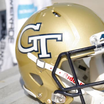 Oct 11, 2014; Atlanta, GA, USA; Georgia Tech Yellow Jackets helmet on the bench against the Duke Blue Devils in the first quarter at Bobby Dodd Stadium. Mandatory Credit: Brett Davis-Imagn Images