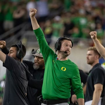 Oregon head coach Dan Lanning signals his team as the Oregon Ducks host the Boise State Broncos Saturday, Sept. 7, 2024 at Autzen Stadium in Eugene, Ore.