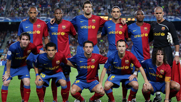 Carles Puyol, Xavier Hernandez, Gerard Pique, Andres Iniesta, Rafael Marquez, Thierry Henry, Victor Valdes, Samuel Eto'o, Lionel Messi, Seydou Keita, Daniel Alves