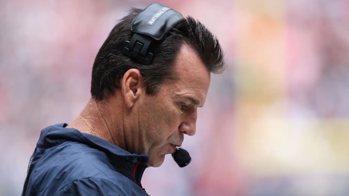 Dec 1, 2013; Houston, TX, USA; Houston Texans head coach Gary Kubiak coaches from the sideline during the second quarter against the New England Patriots at Reliant Stadium. Mandatory Credit: Troy Taormina-USA TODAY Sports