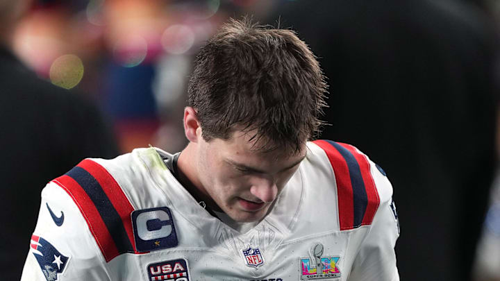 Feb 8, 2026; Santa Clara, CA, USA; New England Patriots quarterback Drake Maye (10) walks off of the field after the game against the Seattle Seahawks in Super Bowl LX at Levi's Stadium. Mandatory Credit: Darren Yamashita-Imagn Images