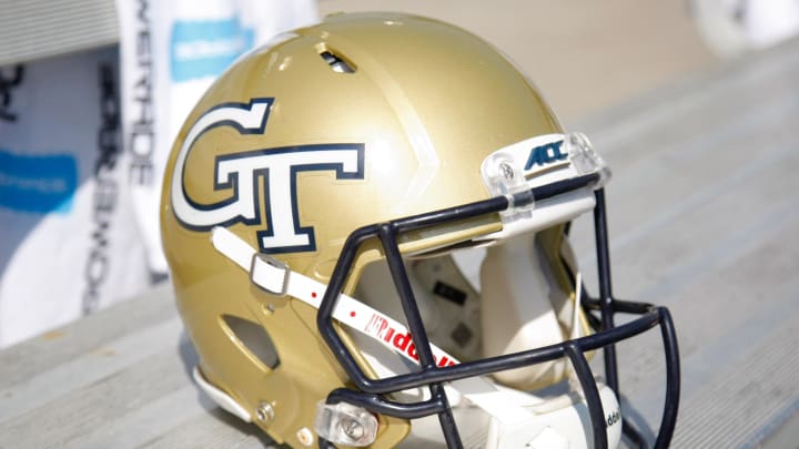 Oct 11, 2014; Atlanta, GA, USA; Georgia Tech Yellow Jackets helmet on the bench against the Duke Blue Devils in the first quarter at Bobby Dodd Stadium. Mandatory Credit: Brett Davis-USA TODAY Sports