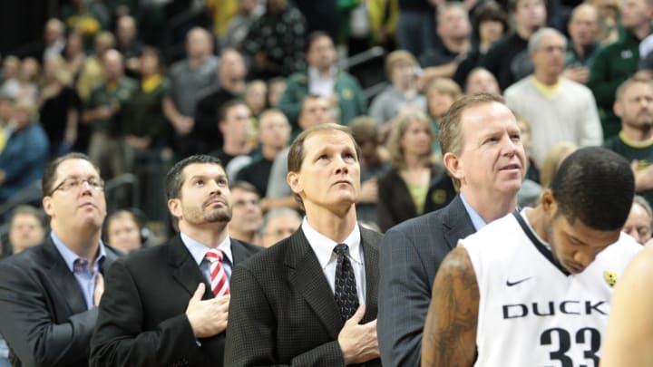 Nov 29, 2012; Eugene, OR, USA; Oregon Ducks coaching staff Brian Fish (far left) - Josh Jamieson (second from left) - head coach Dana Altman (center) - Kevin McKenna (second from right) before the game against the Texas-San Antonio Roadrunners at Matthew Knight Arena. Mandatory Credit: Scott Olmos-USA TODAY Sports