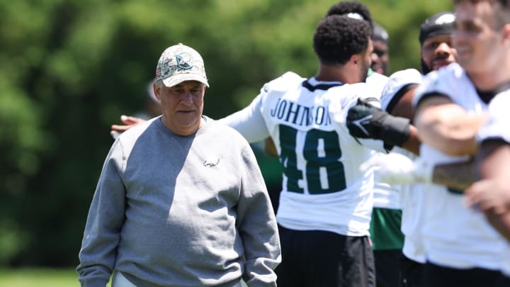 May 30, 2024; Philadelphia, PA, USA; Philadelphia Eagles defensive coordinator Vic Fangio during practice at NovaCare Complex. Mandatory Credit: Bill Streicher-USA TODAY Sports