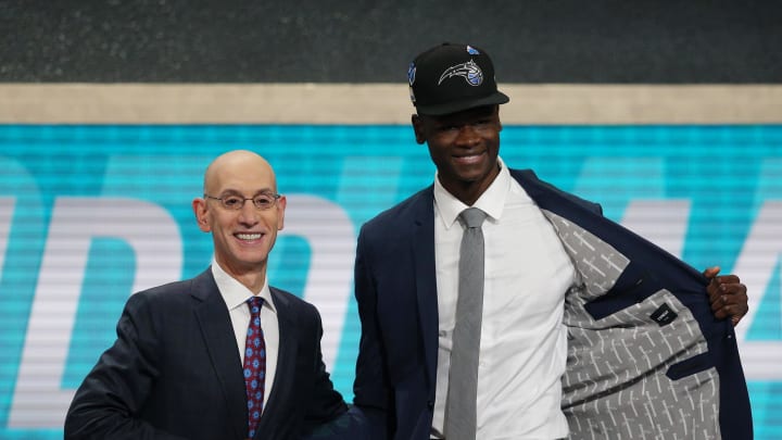 Jun 21, 2018; Brooklyn, NY, USA; Mohamed Bamba (Texas) greets NBA commissioner Adam Silver after being selected as the number six overall pick to the Orlando Magic in the first round of the 2018 NBA Draft at the Barclays Center. Mandatory Credit: Brad Penner-USA TODAY Sports