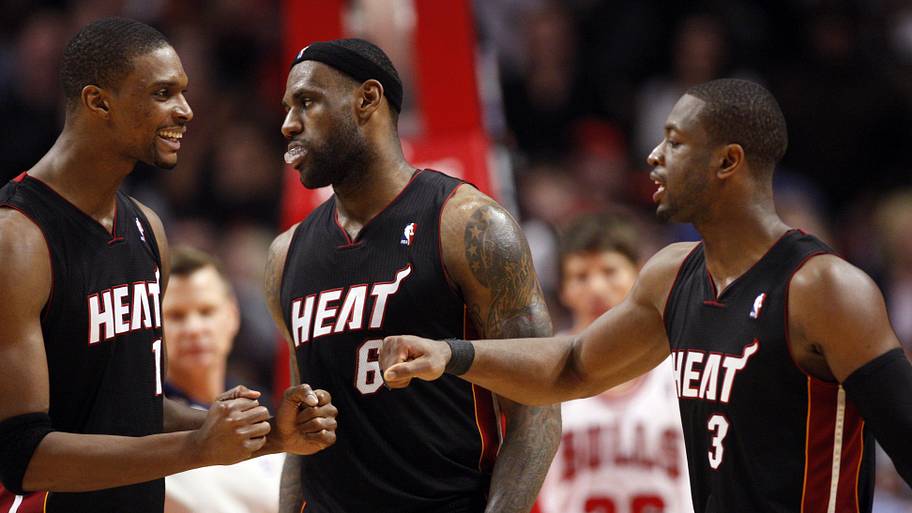 Miami Heat players Chris Bosh and LeBron James and Dwyane Wade during the fourth quarter against the Chicago Bulls.