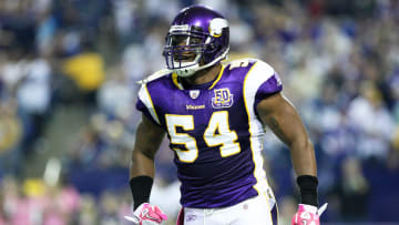 Oct 17, 2010; Minneapolis, MN, USA; Minnesota Vikings linebacker Jasper Brinkley (54) during the third quarter against the Dallas Cowboys at the Metrodome. The Vikings defeated the Cowboys 24-21.